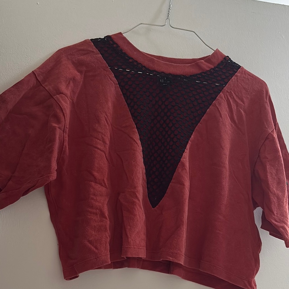 Women's Red Top with Black Mesh Detail